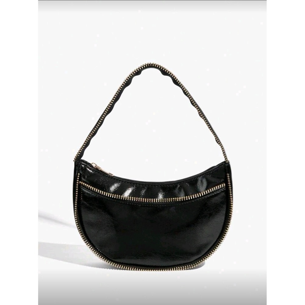 Black faux‎ Patent Leather Shoulder Bag Hobo Purse with Gold Zipper Detail